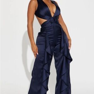 Fashion nova blue satin jumpsuit